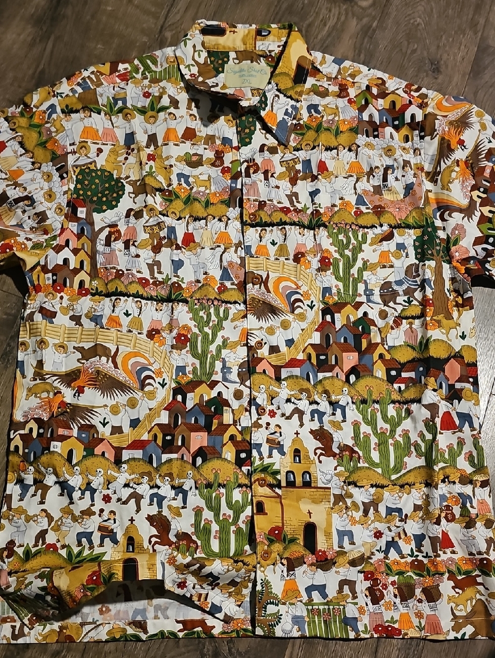 Sayulita Shirt Vibrant Folk Print Button-Up 100% Cotton 2xlarge Men Pueblo